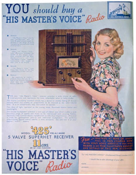 Advert for 'His Master's Voice' radios, 1936. Artist: Unknown