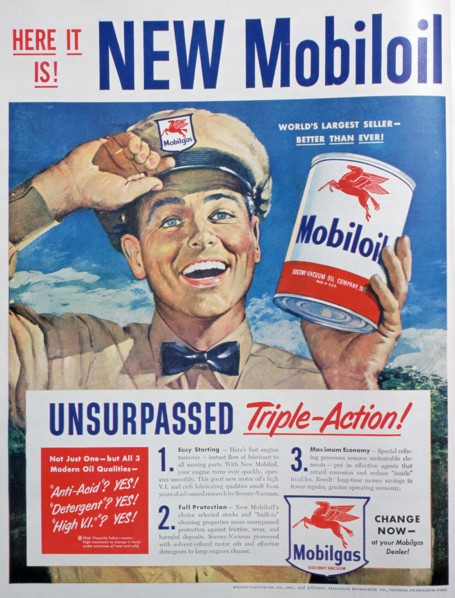 Mobiloil motor oil advert, 1949. Artist: Unknown