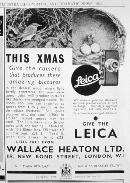 Advert for Leica cameras sold by Wallace Heaton Ltd, New Bond Street, London, 1933. Artist: Unknown