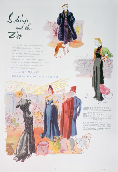 Advert for 'Lightning' coloured plastic zipp fasteners by ICI, 1937. Artist: Unknown