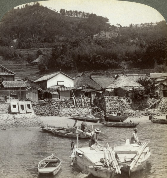 Fishing village of Obatake on the Inland Sea, looking north to the terraced rice fields, Japan, 1904Artist: Underwood & Underwood