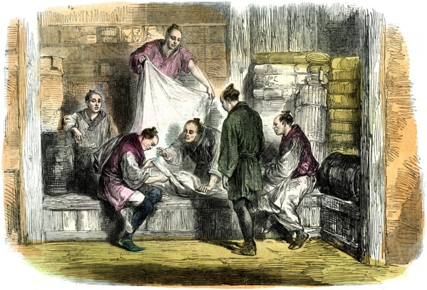 Buying camlets in a shop, Yokohama, Japan, 1865. Artist: Unknown
