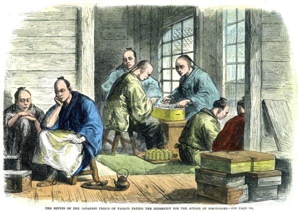 'Envoys of the Japanese Prince of Nagato paying the indemnity for the affair of Simonosaki', 1865. Artist: Unknown