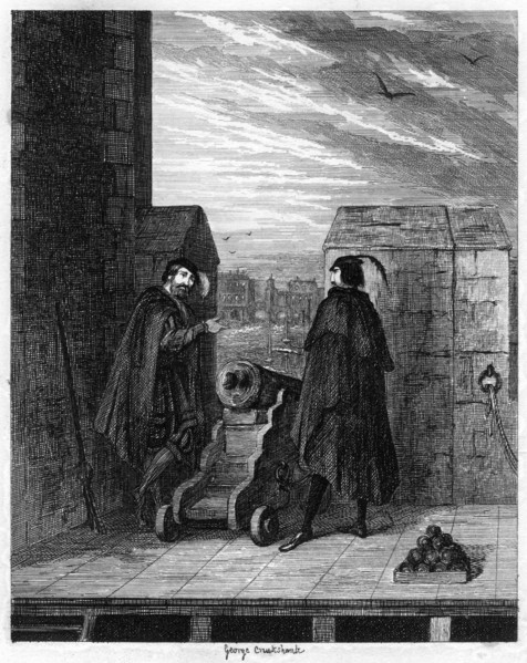 Simon Renard and Winwike the warden on the roof of the White Tower, 1553 (1840).Artist: George Cruikshank