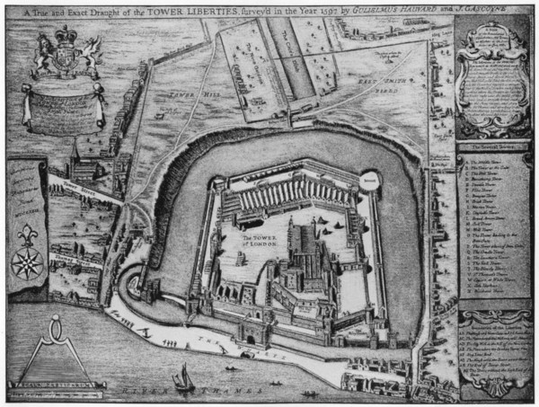 Bird's eye view of the Tower and Liberties as they appeared in 1597, London, 20th century.  Artist: Unknown.