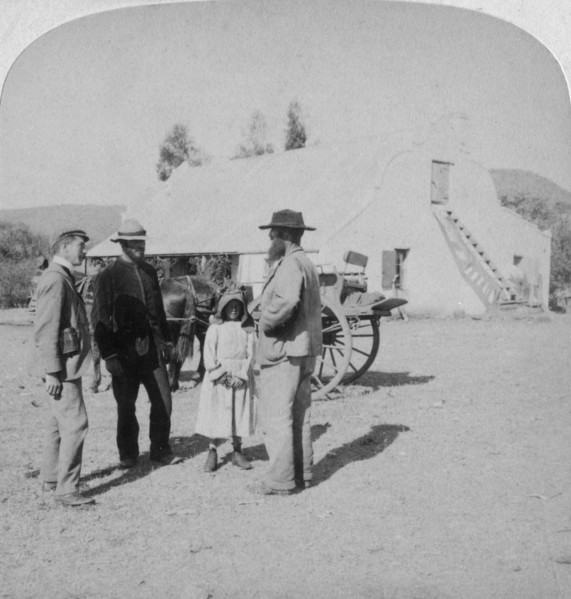 Intervewing a Boer farmer at his home near Brandfort, South Africa, Boer War, 1901.Artist: Underwood & Underwood
