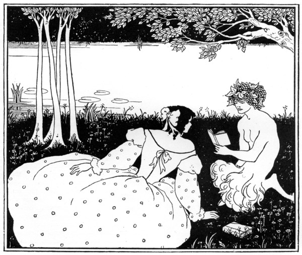 Pan reading to a woman by a brook, 1898.Artist: Aubrey Beardsley