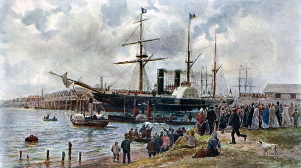 The 'Ripon' leaving Southampton with troops for the Crimea, 1904. Artist: Unknown