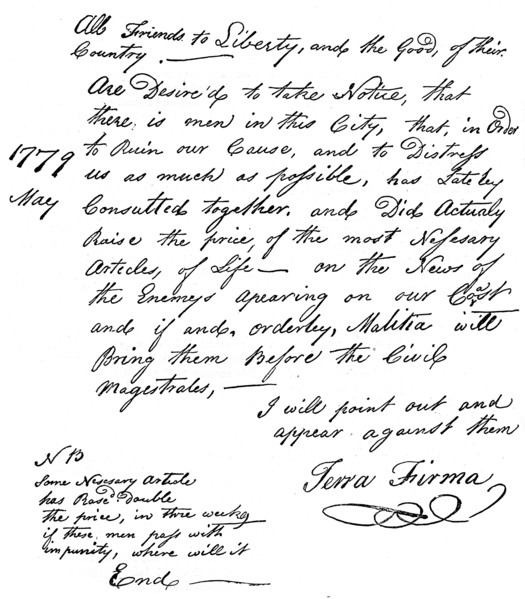 Facsimile of a declaration about the scarcity of food in America, 1779 (c1880). Artist: Unknown