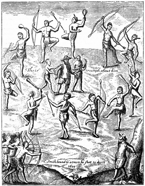 Captain John Smith taken prisoner by the Indians, Virgina, 1607 (c1880). Artist: Unknown