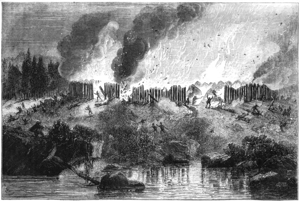 Attack on the Pequot Fort, 1637 (c1880). Artist: Unknown