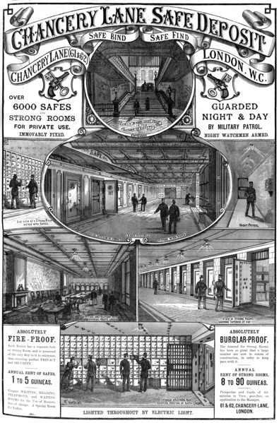 Advert for Chancery Lane Safe Deposit, London, 1887. Artist: Unknown
