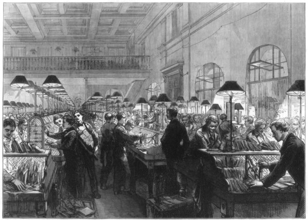 Stamping and sorting office, General Post Office, London, 1875. Artist: Unknown
