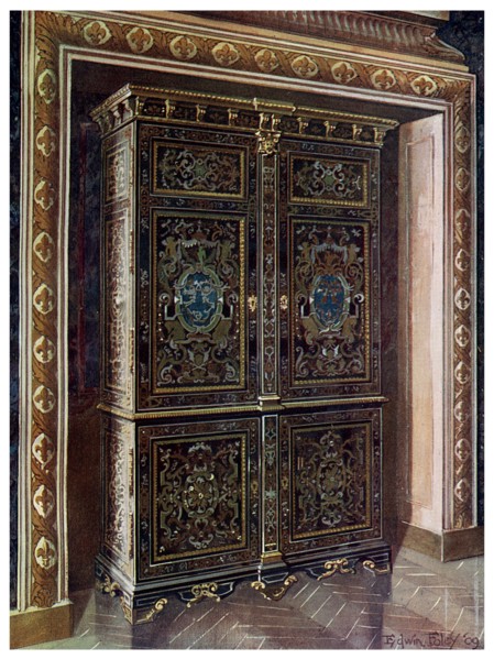 Armoire in ebony with inlays of engraved brass and white metal, 1910.Artist: Edwin Foley
