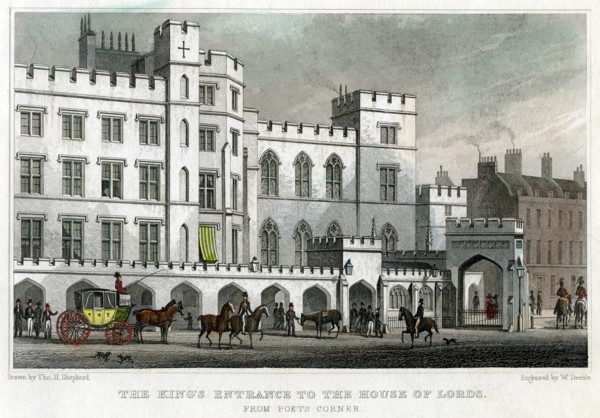 The King's entrance to the House of Lords, Palace of Westminster, London, 1829.Artist: William Deeble
