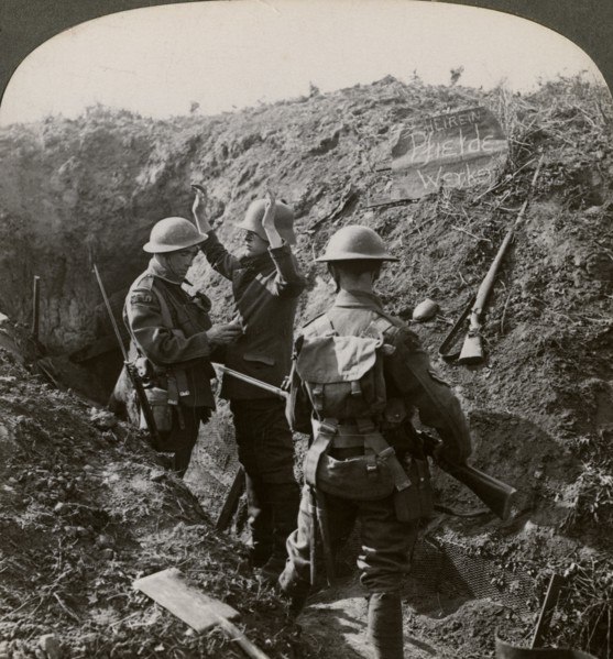 Interrogating a German prisoner to obtain information, World War I, 1914-1918.Artist: Realistic Travels Publishers
