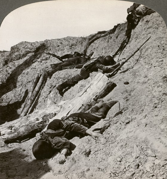 British and German dead near the Hohenzollern Redoubt, Lens, France, World War I, 1914-1918Artist: Realistic Travels Publishers