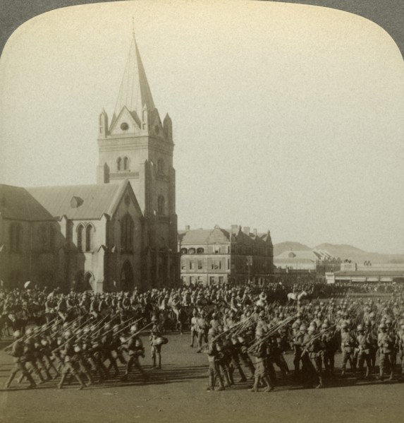 British soldiers reviewed by Lord Roberts, Public Square, Pretoria, South Africa, Boer War, 1900.Artist: Underwood & Underwood