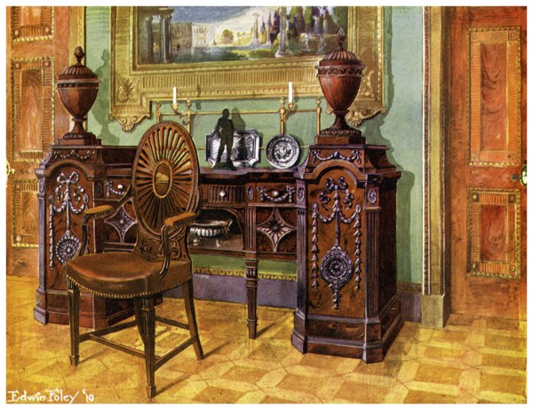 Carved mahogany pedestal sideboard and oval wheelback master's chair, 1911-1912.Artist: Edwin Foley