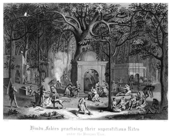 'Hindu Fakirs Practising Their Superstitious Rites Under the Banyan Tree'.Artist: Bell