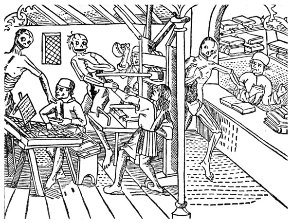 Printworkers harrassed by skeletons, 1499 (1956). Artist: Unknown