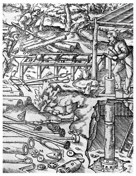 Making and using elm tree pumps to drain mines before the days of the steam engine, 1556 (1956). Artist: Unknown