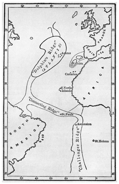 Atlantis: a map showing the location of the mythical continent, c1882 (1956). Artist: Unknown