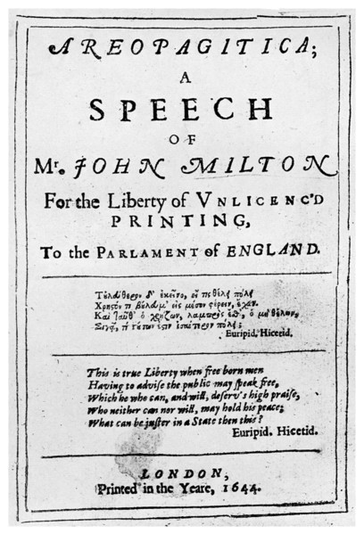 Freedom of the press: title page from the Areopagitica by John Milton, 1644 (1956). Artist: Unknown