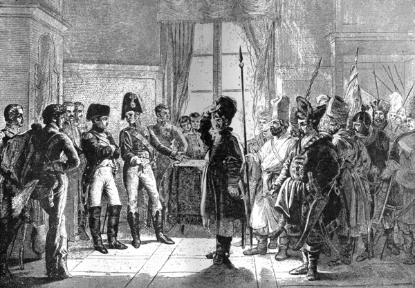 Tsar Alexander I presenting Russian troops to Napoleon, 8th July 1807 (1882-1884). Artist: Unknown