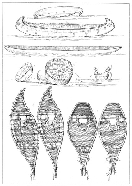 Sioux canoes and Chippewa snowshoes, 1841.Artist: Myers and Co