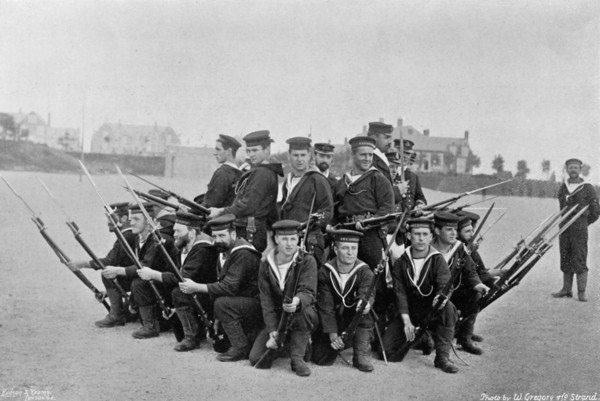 Naval training on shore; forming a 'rallying group', 1896. Artist: W Gregory