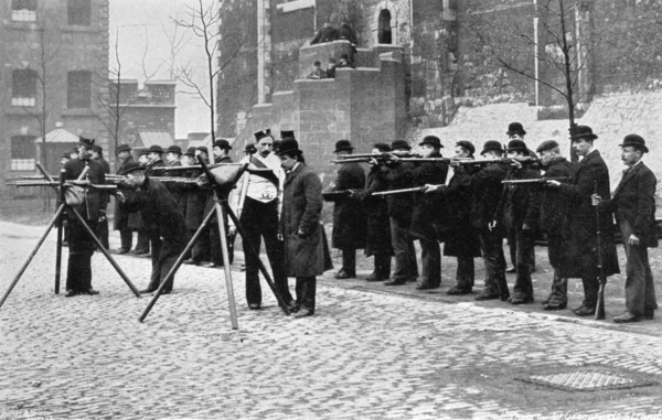 Army reserve men at musketry drill at the Tower of London, 1896. Artist: W Gregory