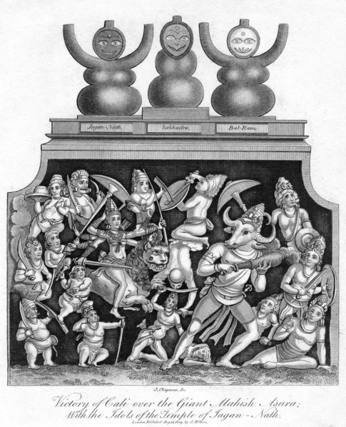 'Victory of Cali over the Giant Mahish A'sura, with the idols of the Temple of Jagannath', 1809.Artist: J Chapman