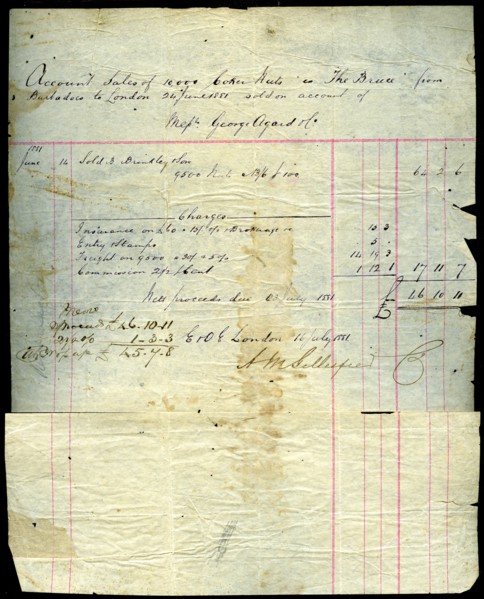 Coconut sales receipt, Barbados to London, 1881. Artist: Unknown