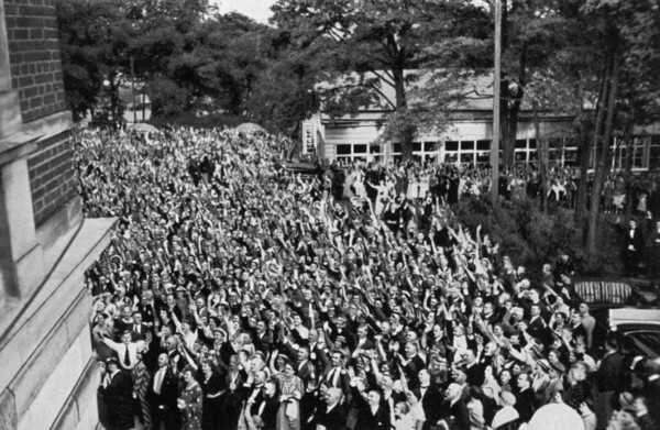 A crowd gathered beneath Adolf Hitler's window, Bayreuth, Germany, 1936. Artist: Unknown