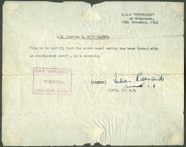 Receipt for a ex-Japanese sword, HMS 'Venerable', Singapore, 1946. Artist: Unknown