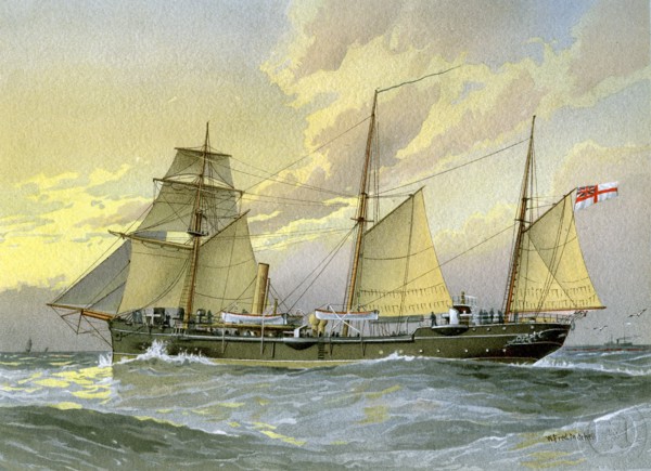 HMS 'Thrush', British 1st class gunboat, c1890-c1893.Artist: William Frederick Mitchell