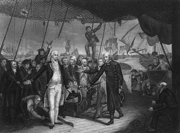 Admiral de Winter resigning his sword on board the 'Venerable', 11 October 1797 (c1857).Artist: H Lemon