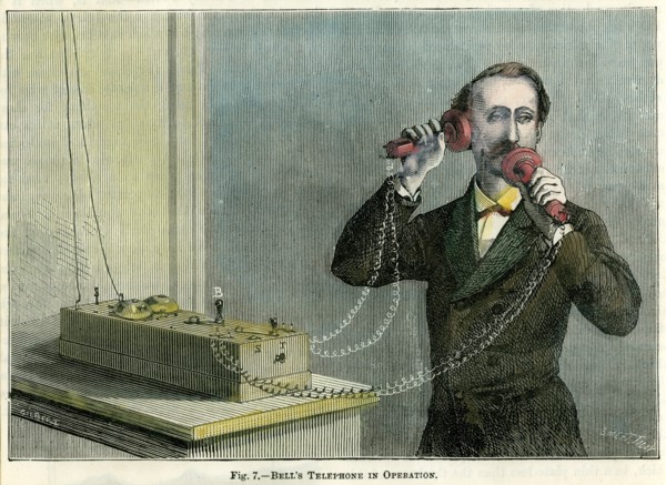 'Bell's telephone in operation', late 19th century.Artist: Gilbert