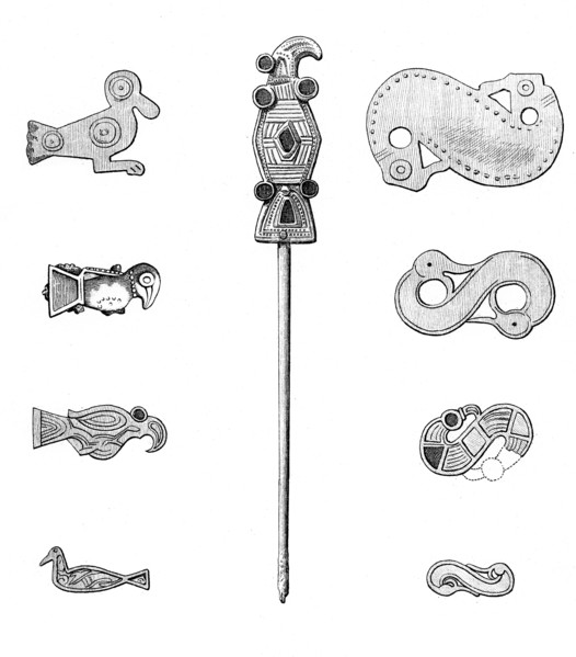 Bird-shaped fibulae, hairpin, and s-shaped fibulae, 1893.  Artist: A Housselin
