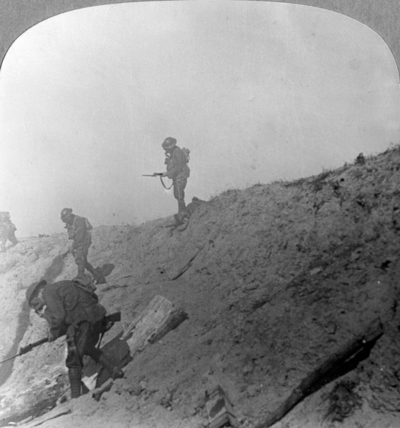 British troops advancing through gas, Passchandaele, Ypres, Belgium, World War I, c1914-c1918. Artist: Realistic Travels Publishers