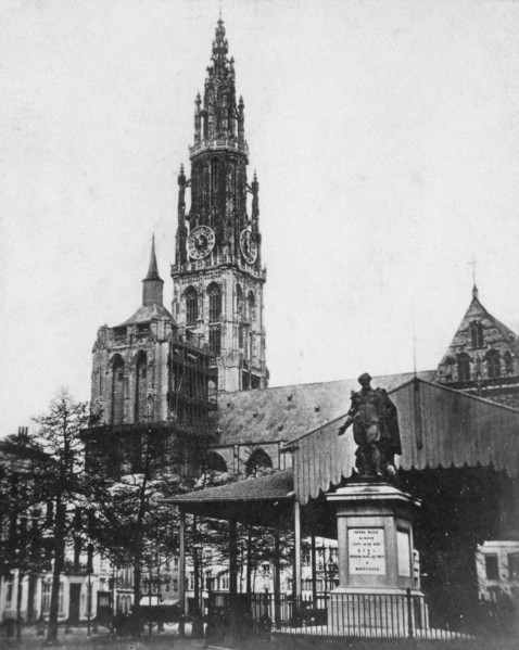 Antwerp Cathedral and statue of the artist Peter Paul Rubens, Belgium, 1867. Artist: Unknown