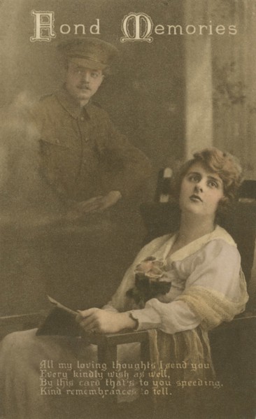 'Fond Memories', romantic postcard sent from a soldier to his sweetheart. Artist: Unknown