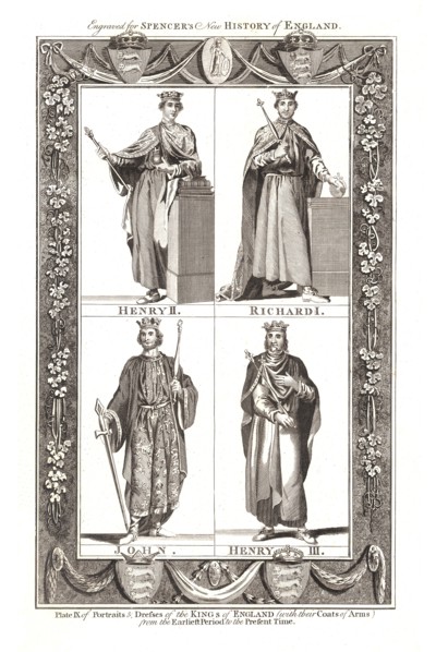 Portraits and Dresses of The Kings of England with coats of Arms, 1784. Artist: Unknown