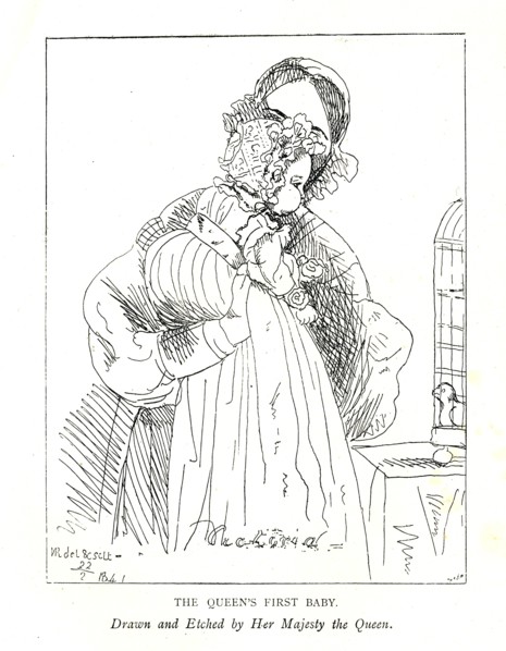 Earliest picture known of Victoria's first daughter, then the Princess Royal, age 3 months, with her Artist: Queen Victoria