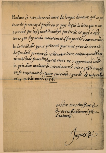 Letter from King James VI (1566-1625) to his Mother, Queen Mary (1542-1587), 1584-5'. Artist: King James I