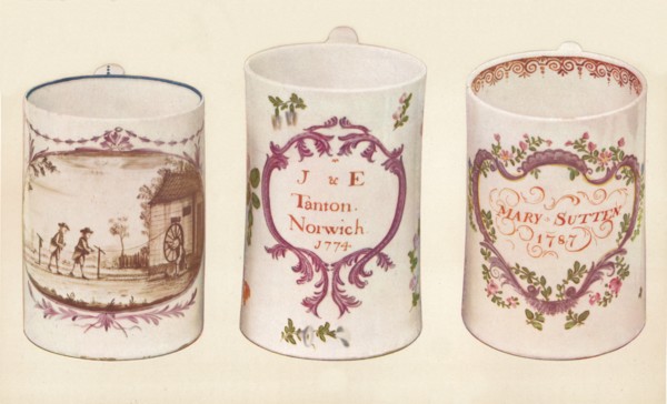 Three Lowestoft Mugs, (18th century), 1937. Artist: Unknown