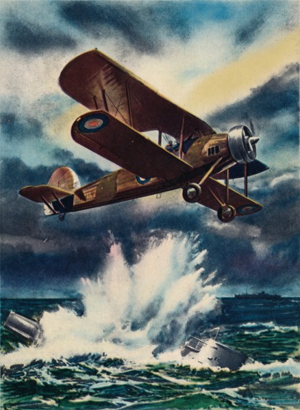 An artist's impression of a Fairey Swordfish sinking a U Boat in the North Sea, 1940. Artist: Unknown