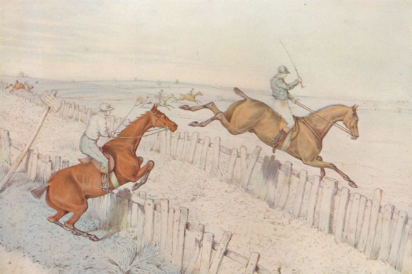 A Steeplechase: Going over an old blind roadway, and doing it well: even betting, 1827. Artist: Henry Thomas Alken