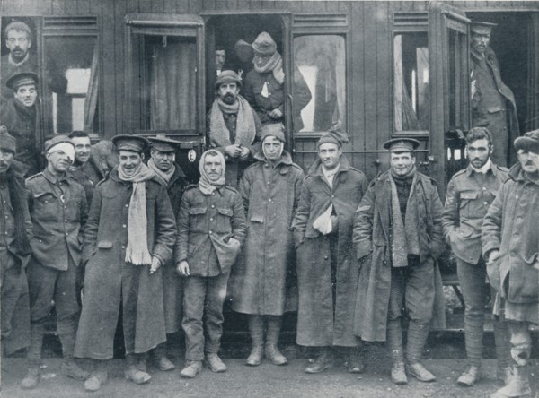 Wounded English troops on their way to a base hospital, c1914. Artist: Unknown